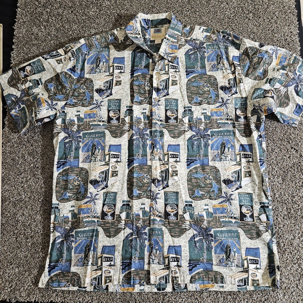 Kahala AVI Hawaiian Shirt Men XL White Short Sleeve Button Up Pockets